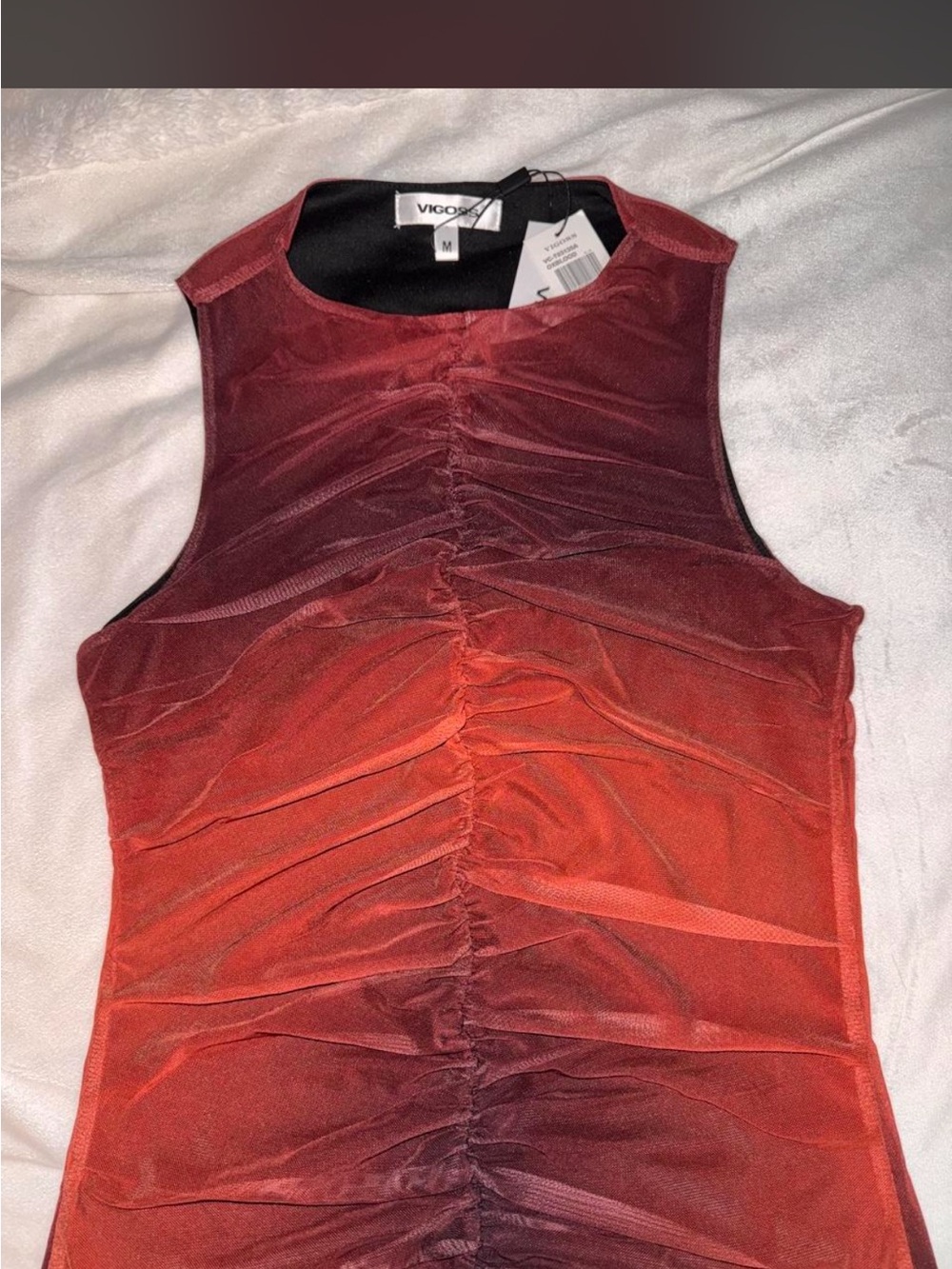 VIGOSS Red to Orange Ombre Ruched Mesh Tank